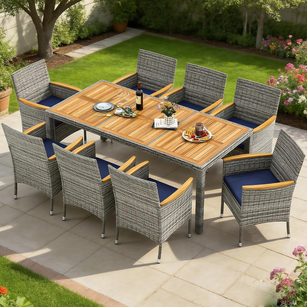 COSTWAY 9-Piece Patio Rattan Wicker Dining Set for 8 with Umbrella Hole