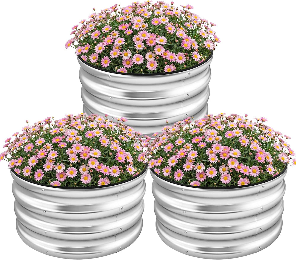 3-Pack Round Raised Garden Bed Outdoor 2x2x1ft Planter Box, Silver