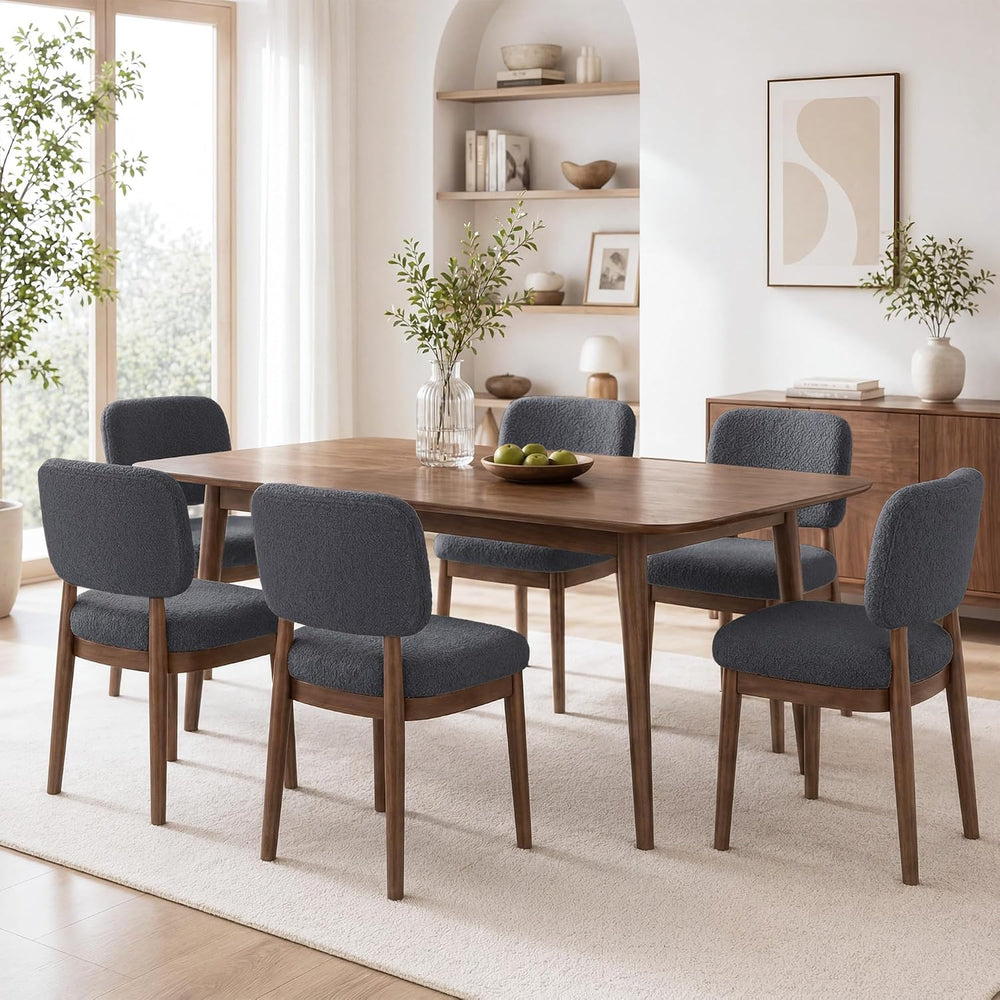 Wooden Dining Chairs Set of 6, Boucle Upholstered Kitchen Chairs with Solid W...