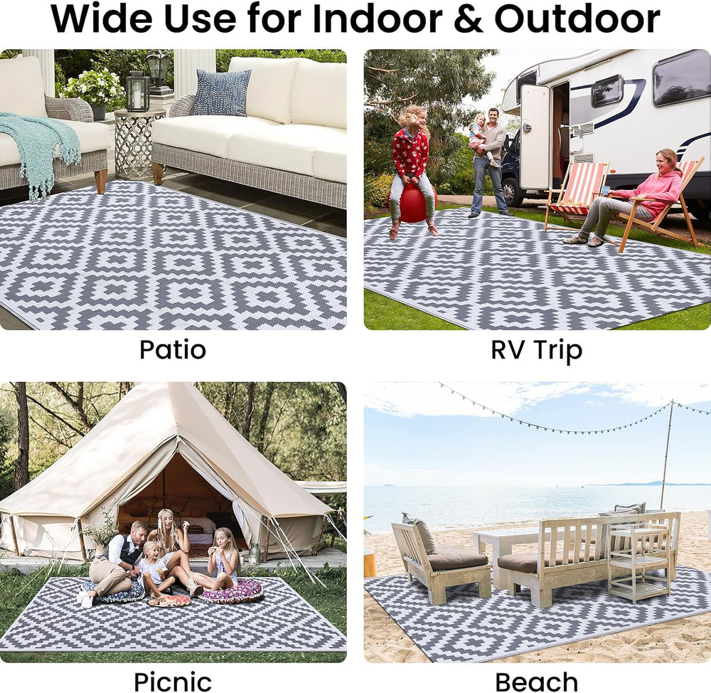 Smiry Outdoor Rug 5x8 ft Waterproof Reversible Boho Mat, White & Grey
