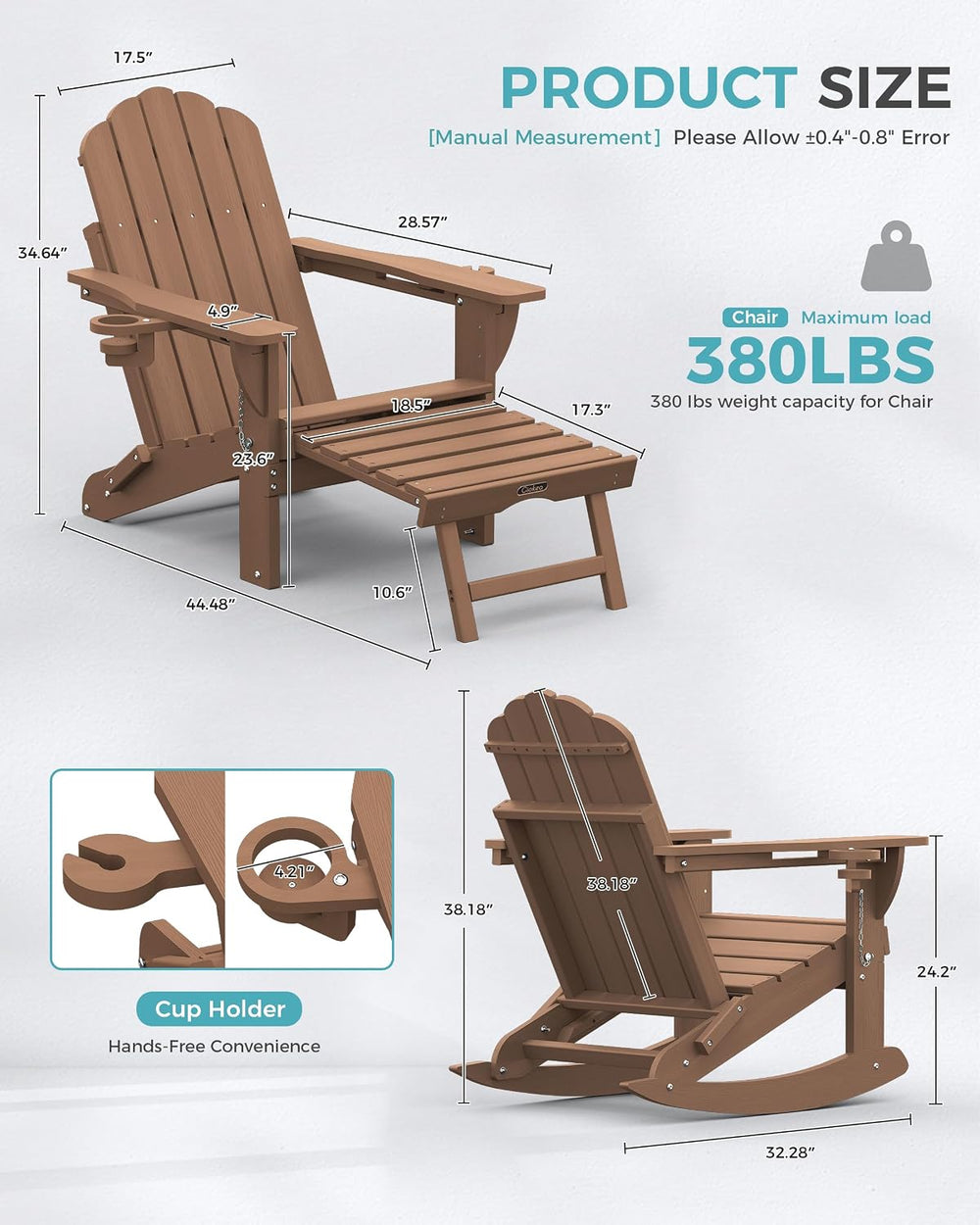 Ciokea Adirondack Rocking Chair with Footrest, Foldable HDPE Rocker (Teak)