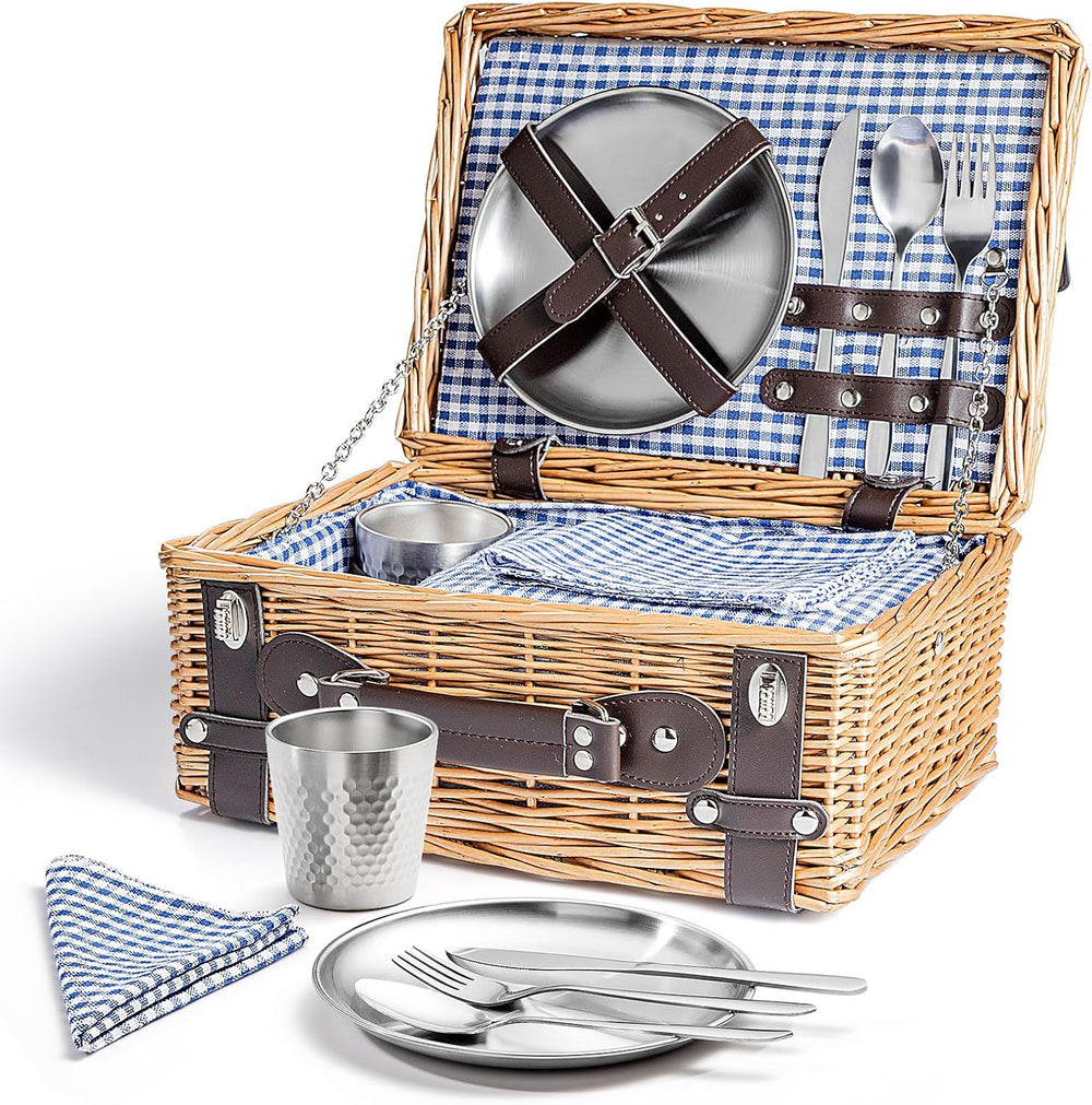 Picnic Basket Set for 2, Wicker Picnic Baskets with Waterproof Blanket and Cu...
