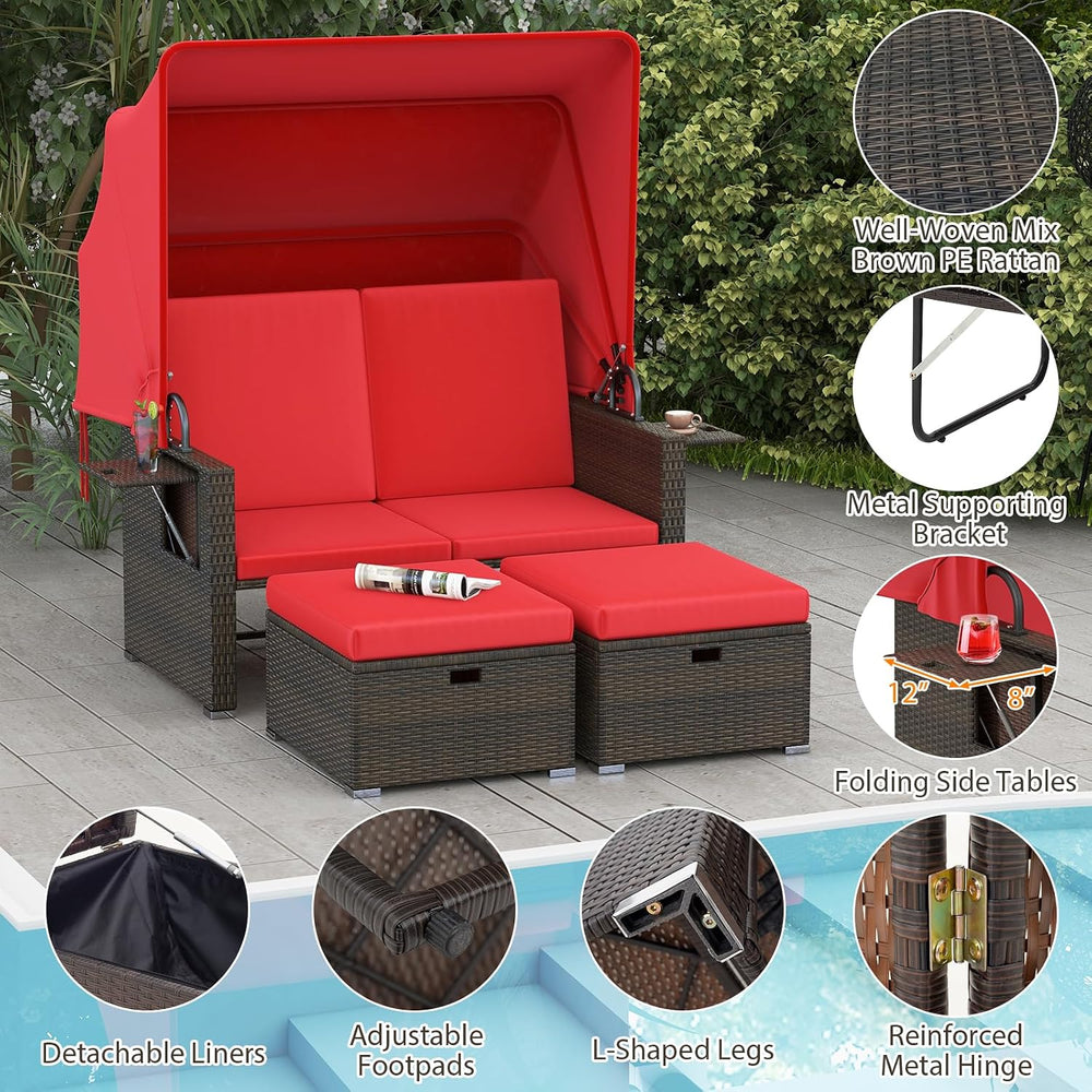 Moccha Outdoor Daybed with Retractable Canopy - Rattan Loveseat Sofa Set w/ A...