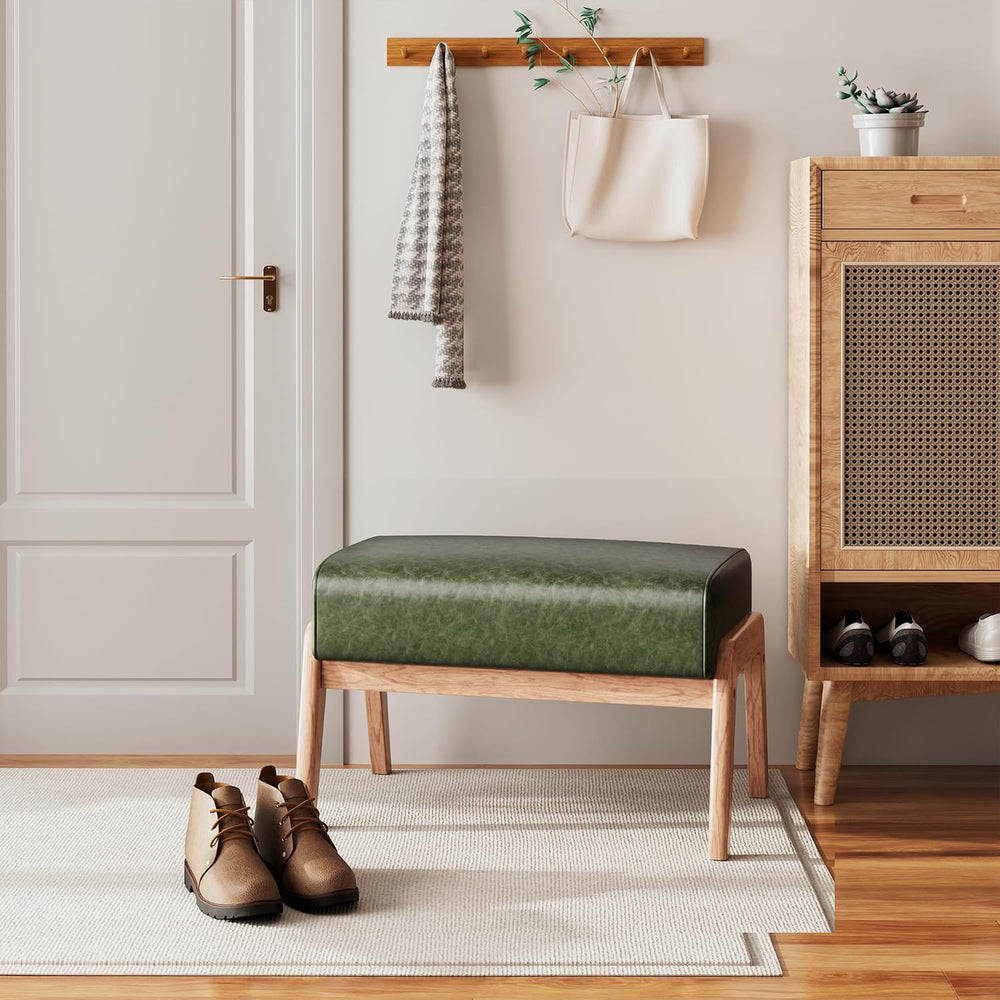 Modern Ottoman Foot Stool, Faux Leather Accent Sofa Footrest with Walnut Rubb...