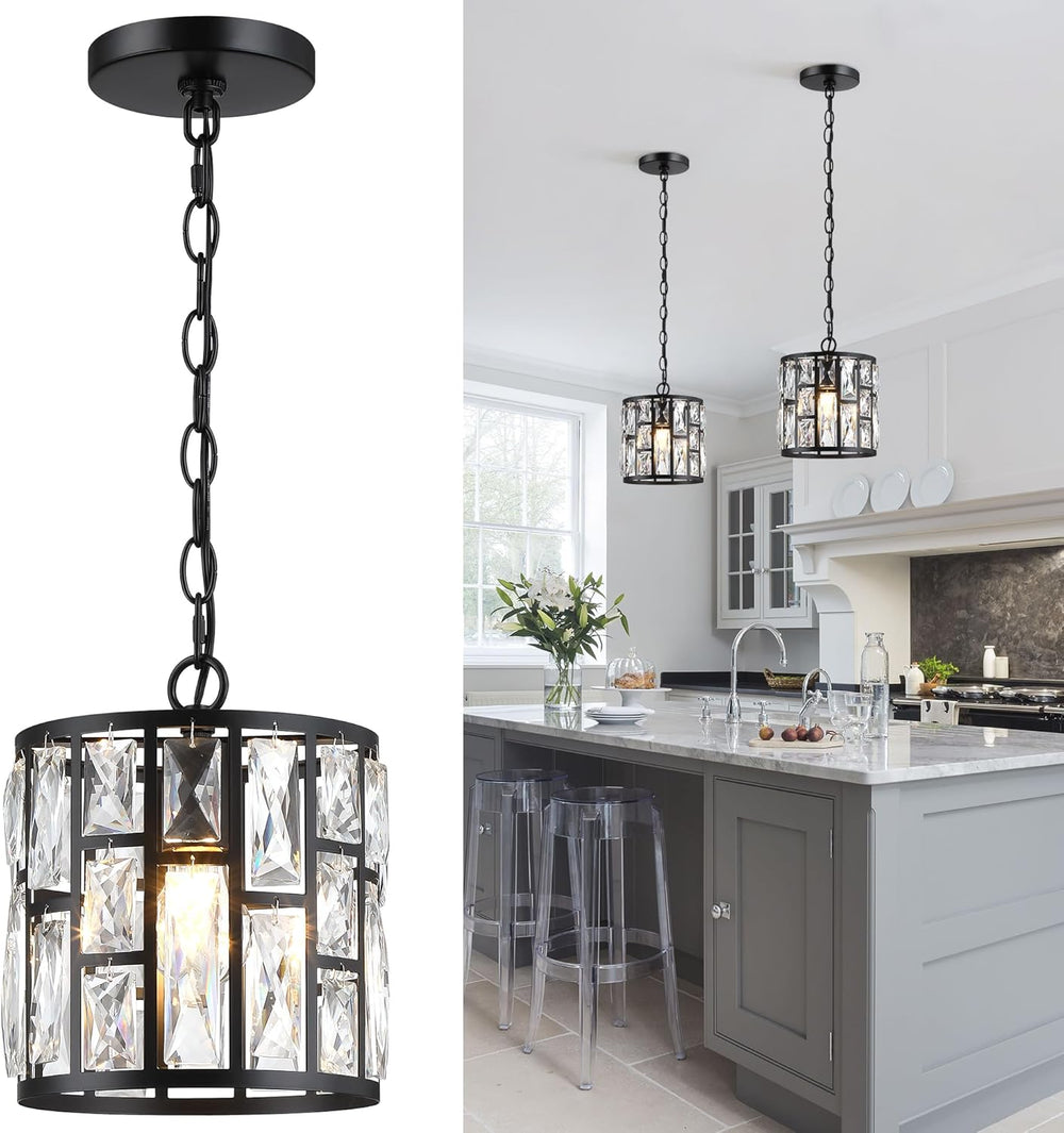MEXO Modern Crystal Pendant Light,Black Chandelier Light Fixture, Cylinder Ad...