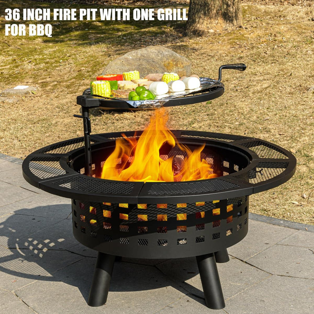 Verdeluxe 36 inch Outdoor Fire Pit with Grill Wood Burning 3-in-1