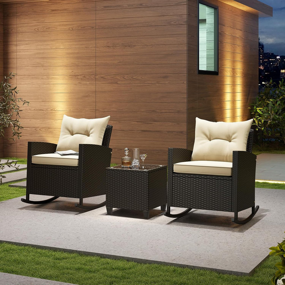 KOTEK 3 Piece Patio Furniture Rocking Bistro Set, Wicker Outdoor Rocking Chai...