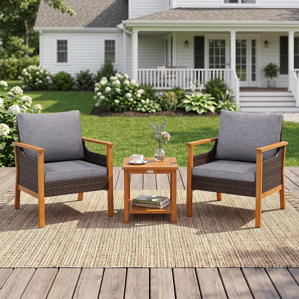 Tangkula 3 Pieces PE Wicker Patio Bistro Set (Gray)