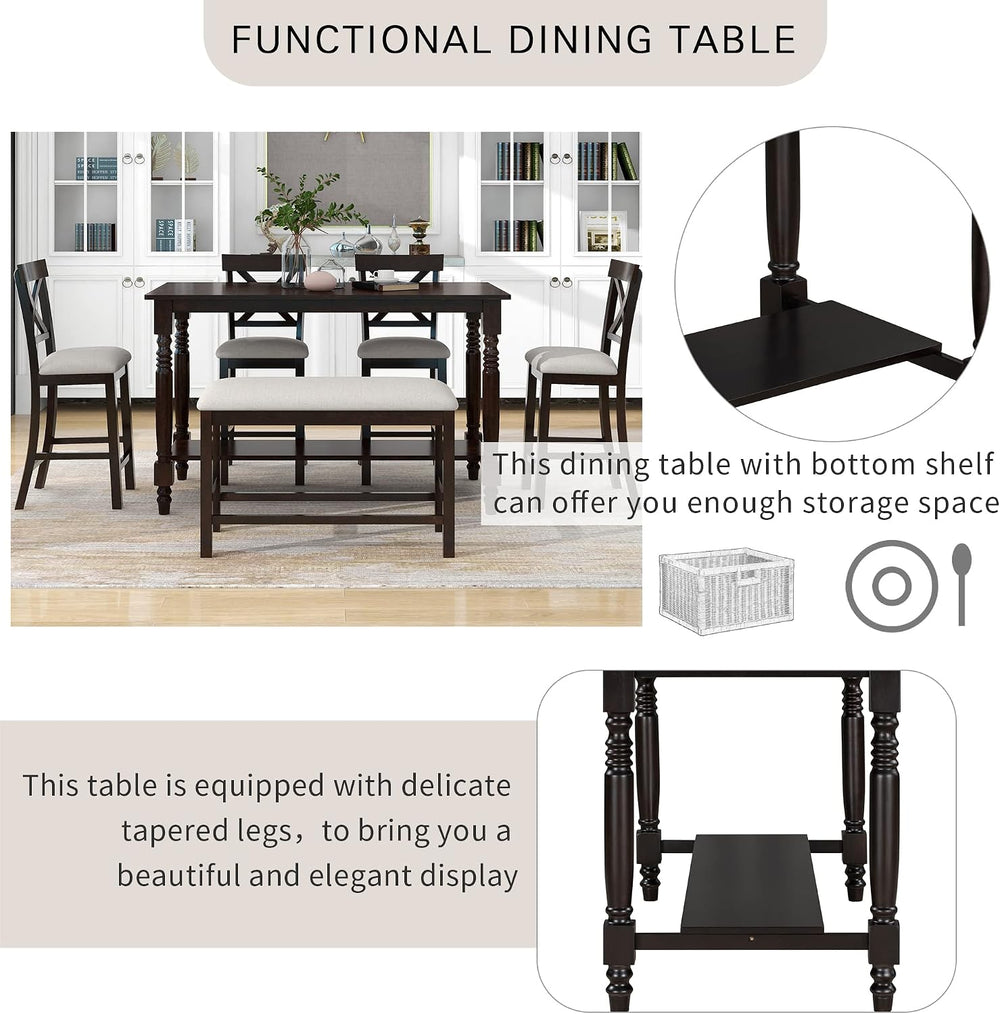 Merax 6-Piece Counter Height Dining Table Set, Solid Wood Kitchen Dining Room...