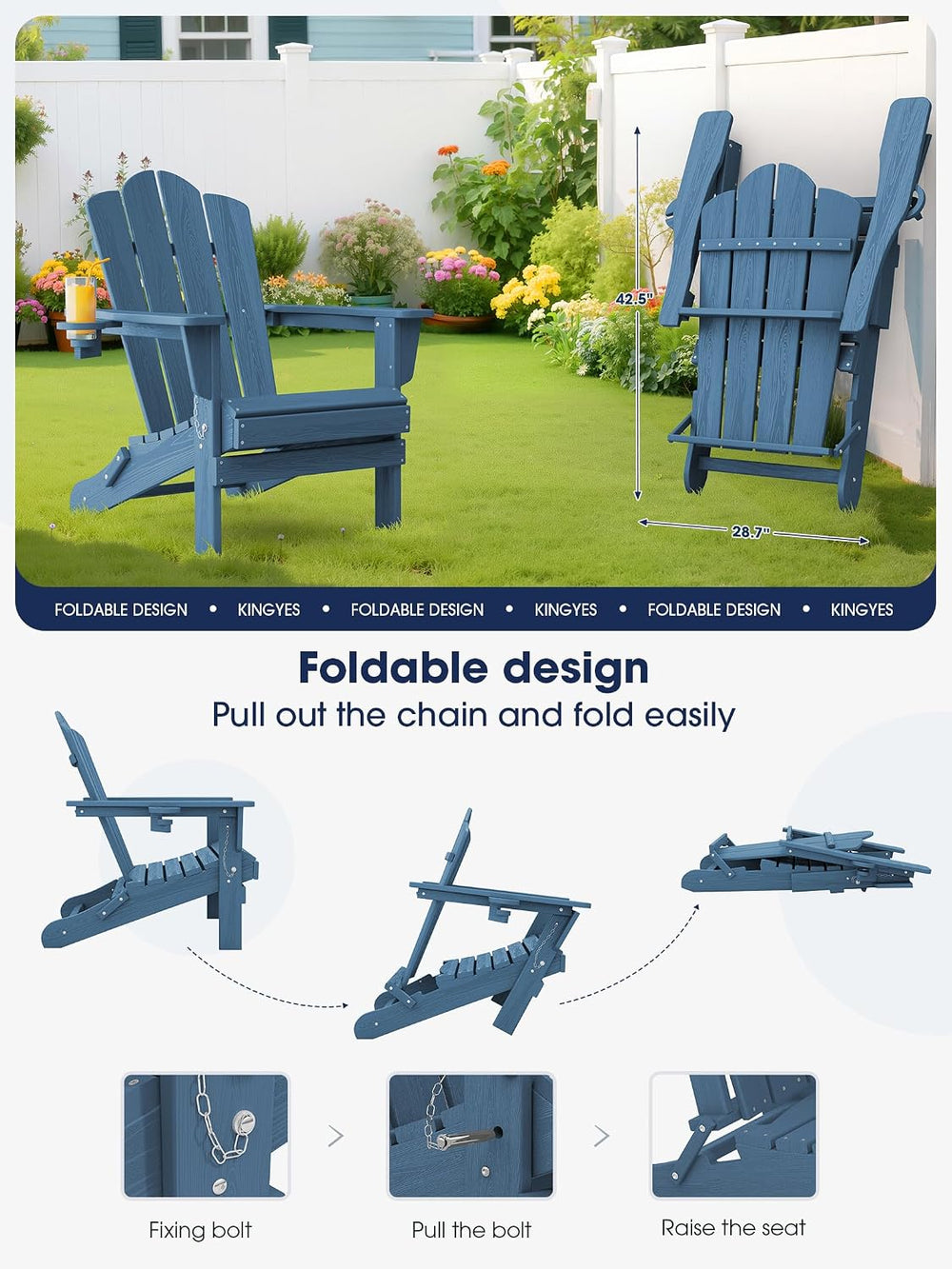 KINGYES Folding Adirondack Chair, All-Weather HDPE Material, Navy, 2 Pack