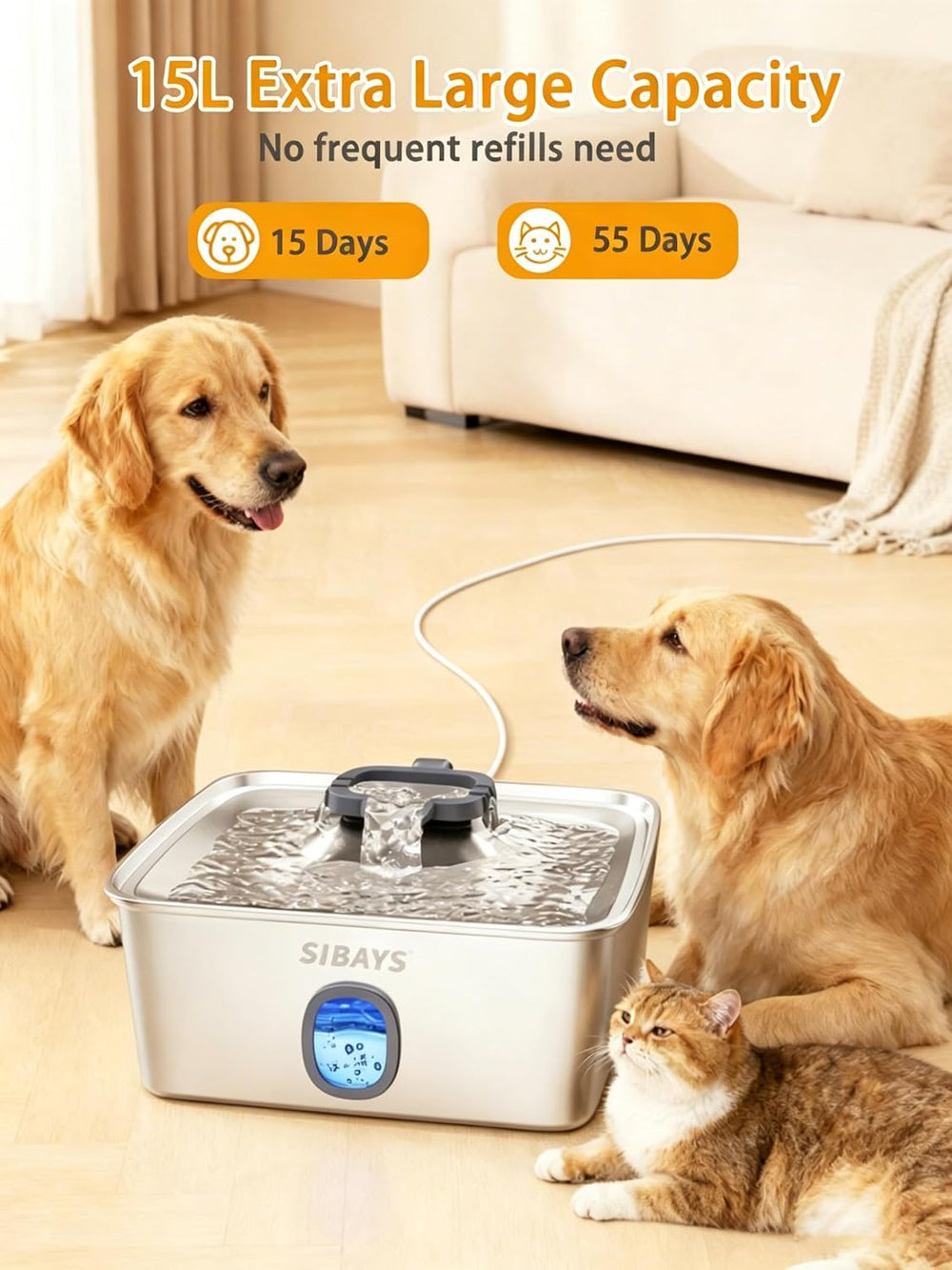 SIBAYS 4Gal/15L Large Dog Water Fountain, Stainless Steel Pet Fountain with W...