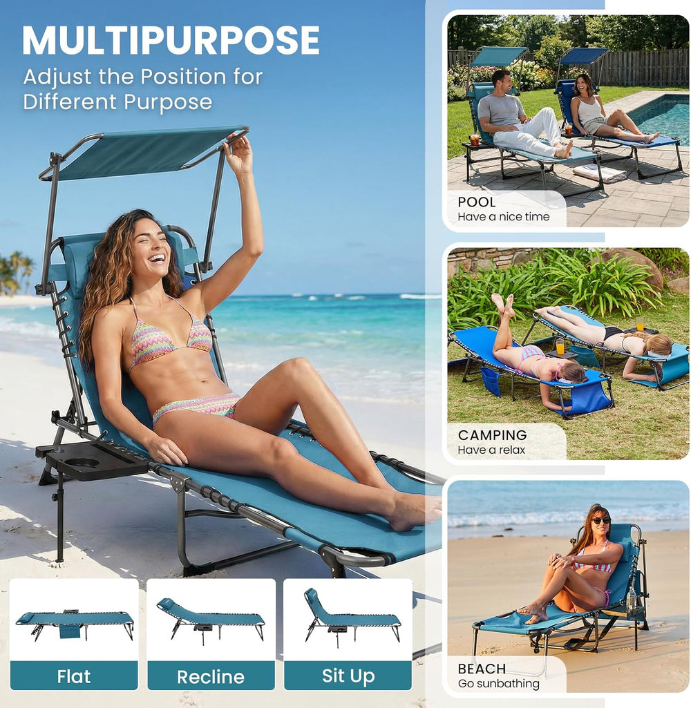 FUNDANGO 400lbs Heavy Duty Tanning Chair with Face Hole & Canopy, Cyan