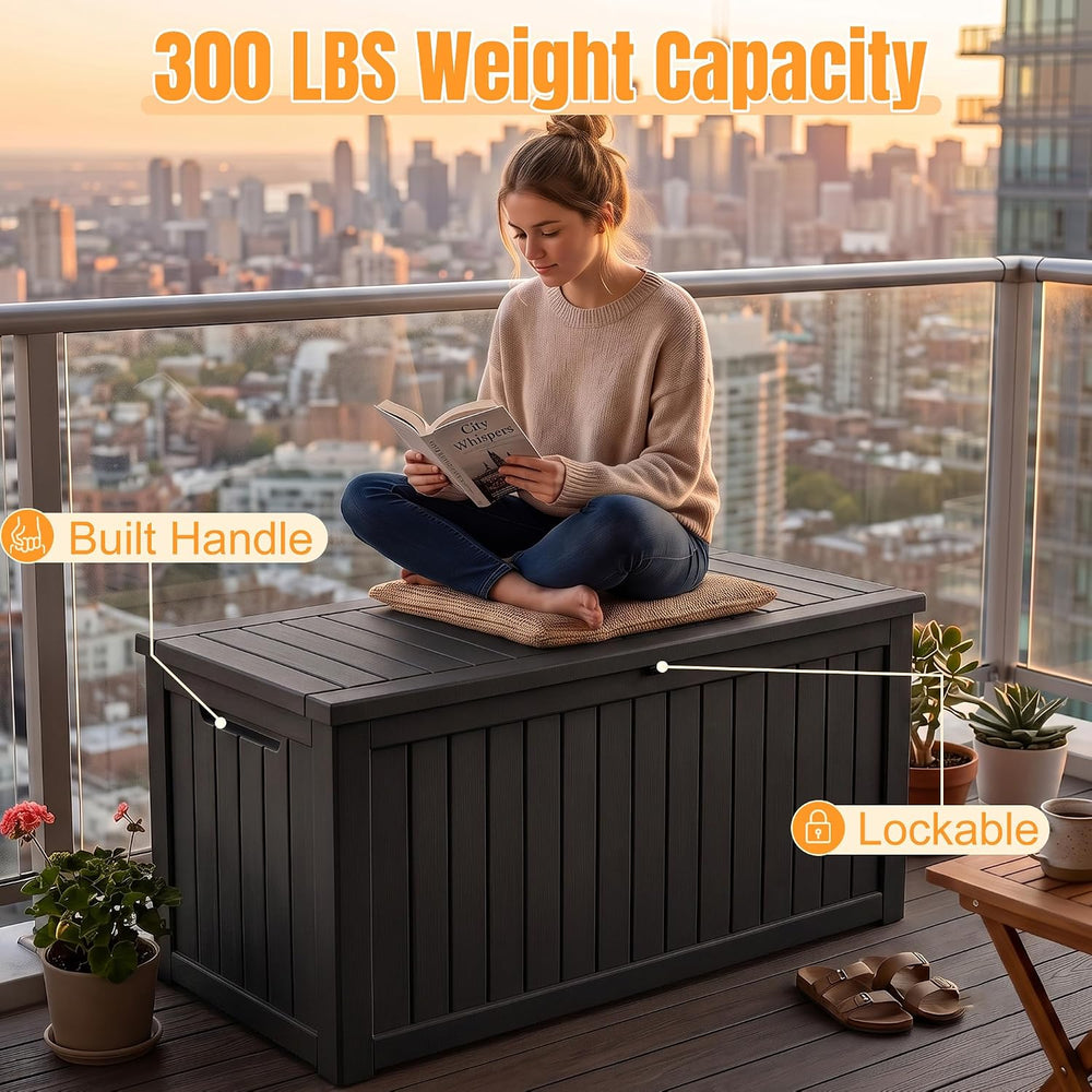 Outdoor Storage Box, 360 Gallon Waterproof Resin Deck Box with Support Rod