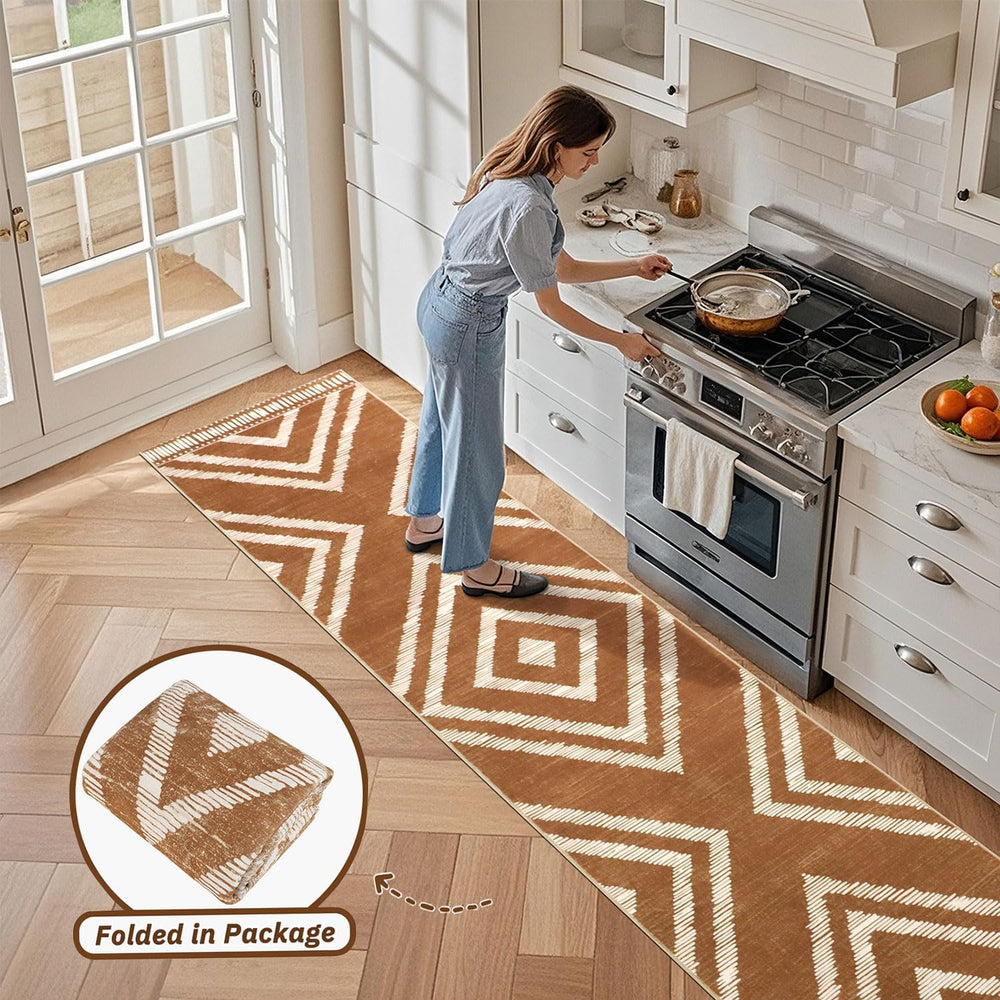 Brown Boho Hallway Runner Rugs 2x10ft Non Slip Washable for Kitchen