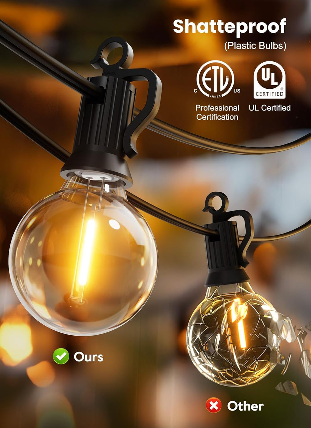 Outdoor String Lights, 50FT 52 LED Bulbs Connectable Patio Lights (2 Spare)