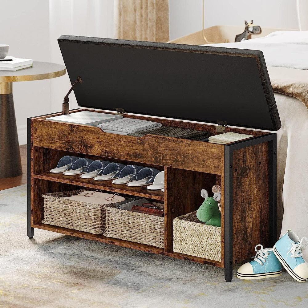 Shoe Bench, Lift Top Shoe Storage Bench, Adjustable Shelf Entryway Bench, Met...