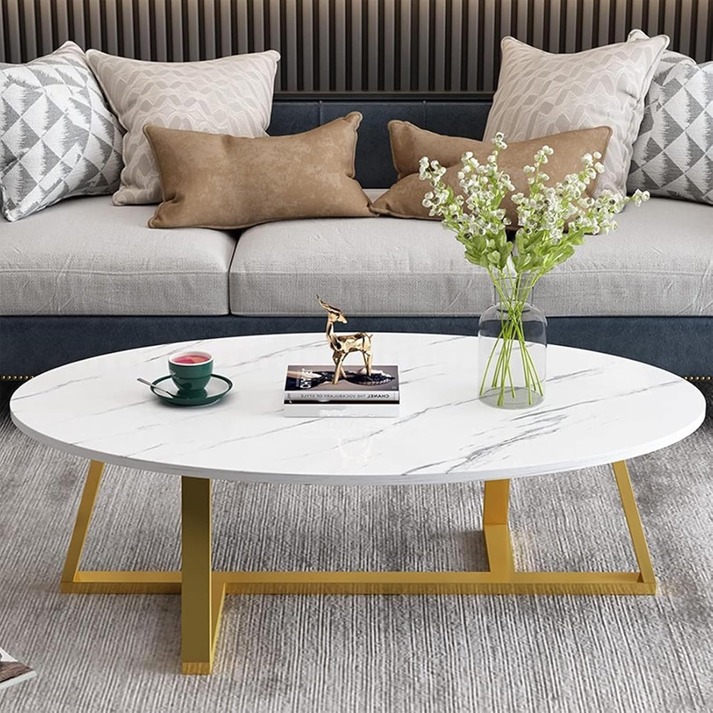 Wolawu Coffee Table White Faux Marble Coffee Table for Living Room,Oval Cente...