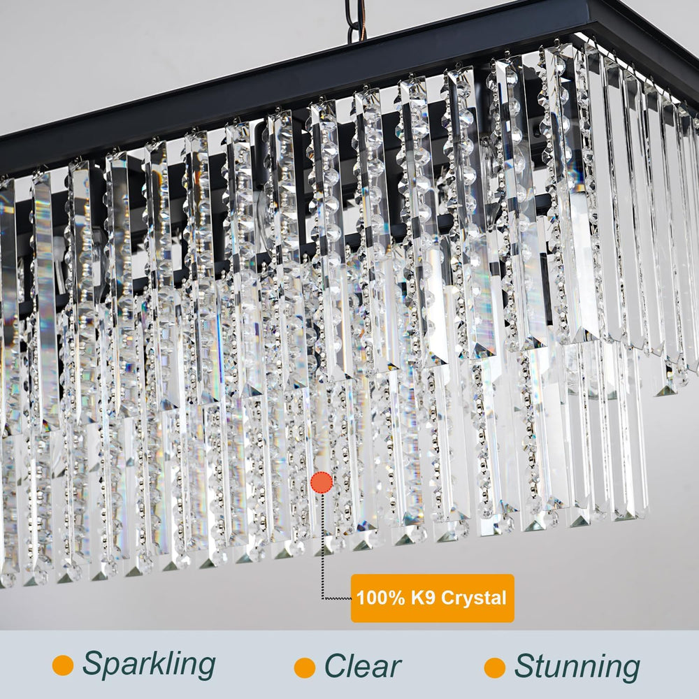 Modern Black Rectangular Chandelier, Double Layer Crystal Lighing Fixture