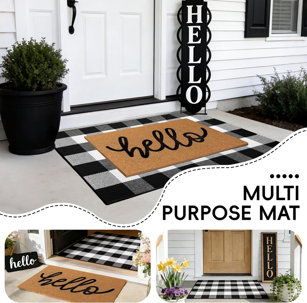 2 Pcs Welcome Door Mat Set, Layered Hello Coir Doormat with Black and White B...