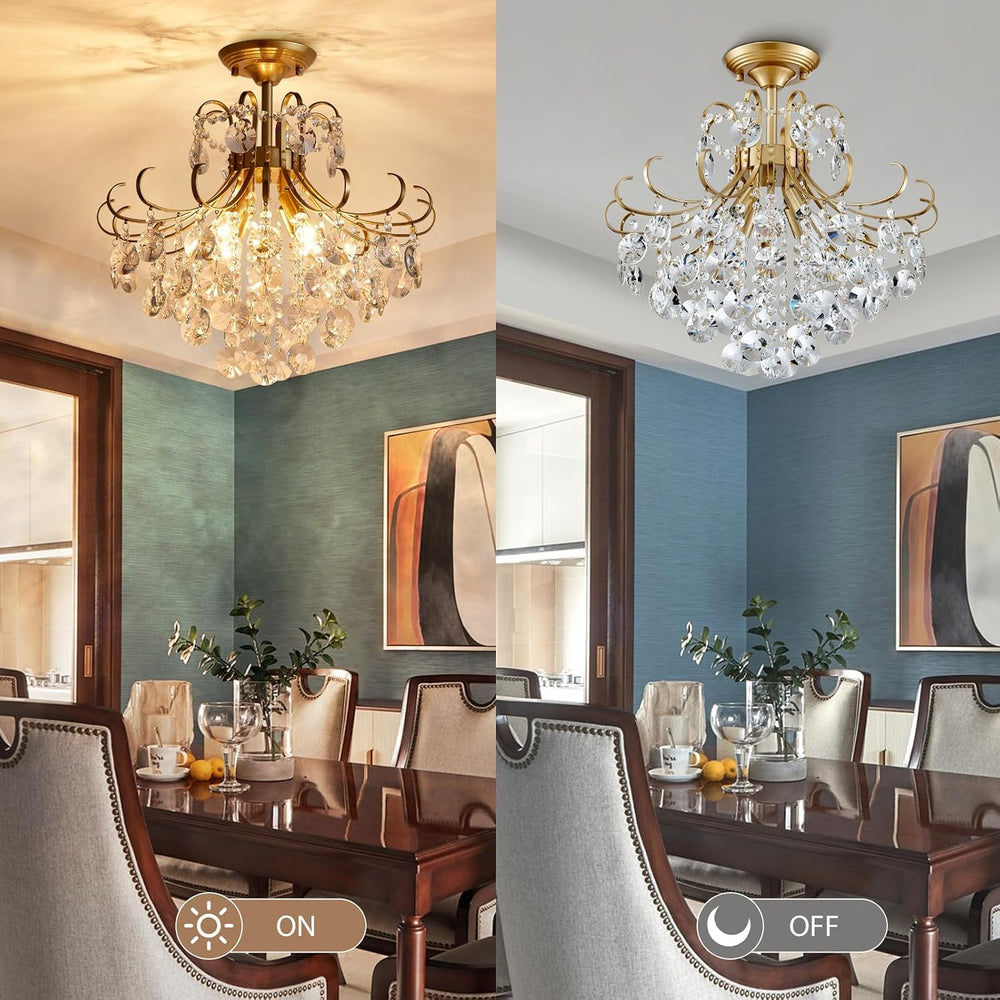 Gold Crystal Chandelier Ceiling Light, Luxury Crystal Semi Flush Mount Ceilin...