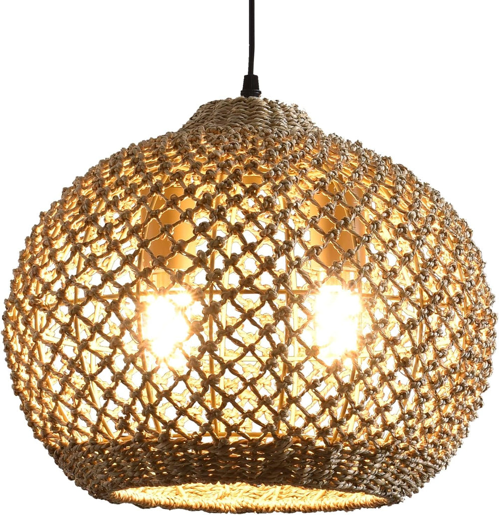 Boho Rattan Pendant Light Fixture 13.79" 2-Light Wicker Lights