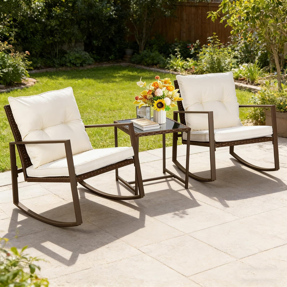 SUNCROWN 3 Piece Outdoor Rocking Bistro Set Brown Wicker Furniture Porch Chai...
