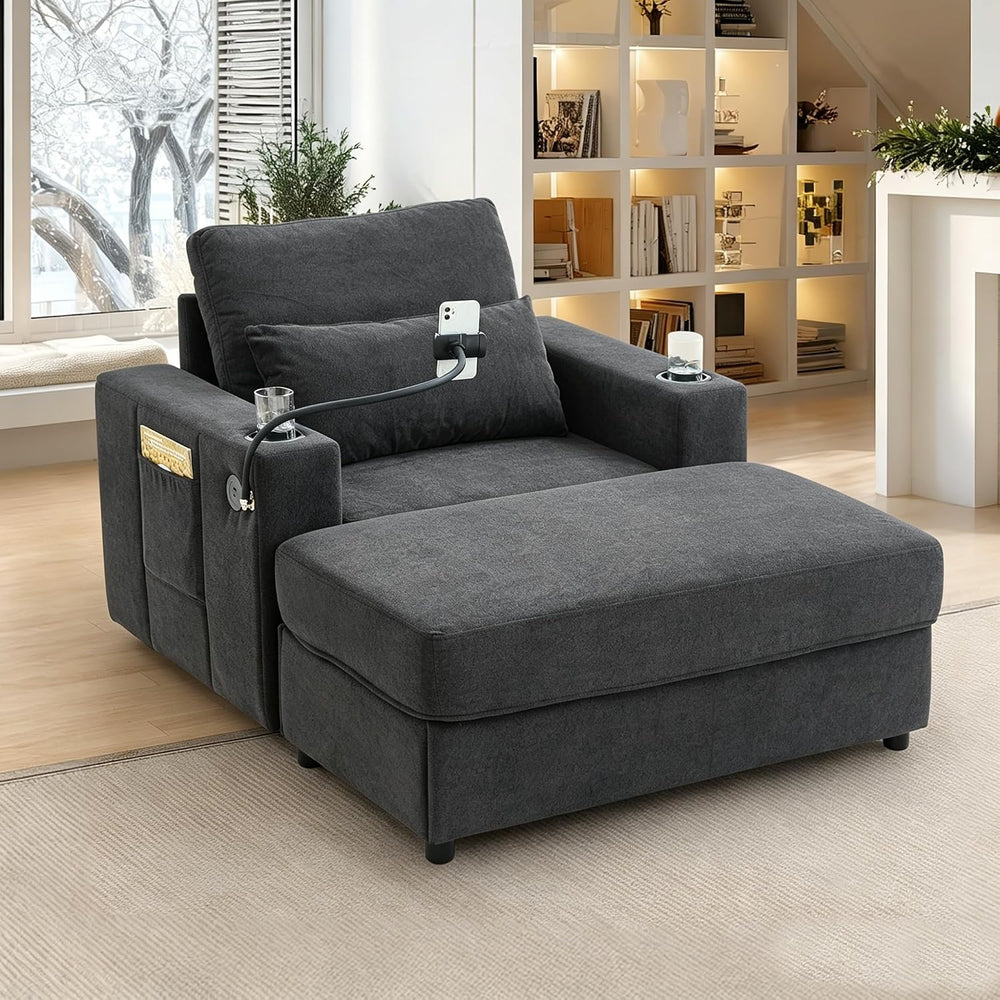 42.5" Chenille Chaise Lounge Chair with Movable Ottoman, Dark Grey