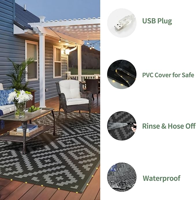 GENIMO Outdoor Rug with LED Strip Lights, 6'x9' Waterproof Camping Ma...