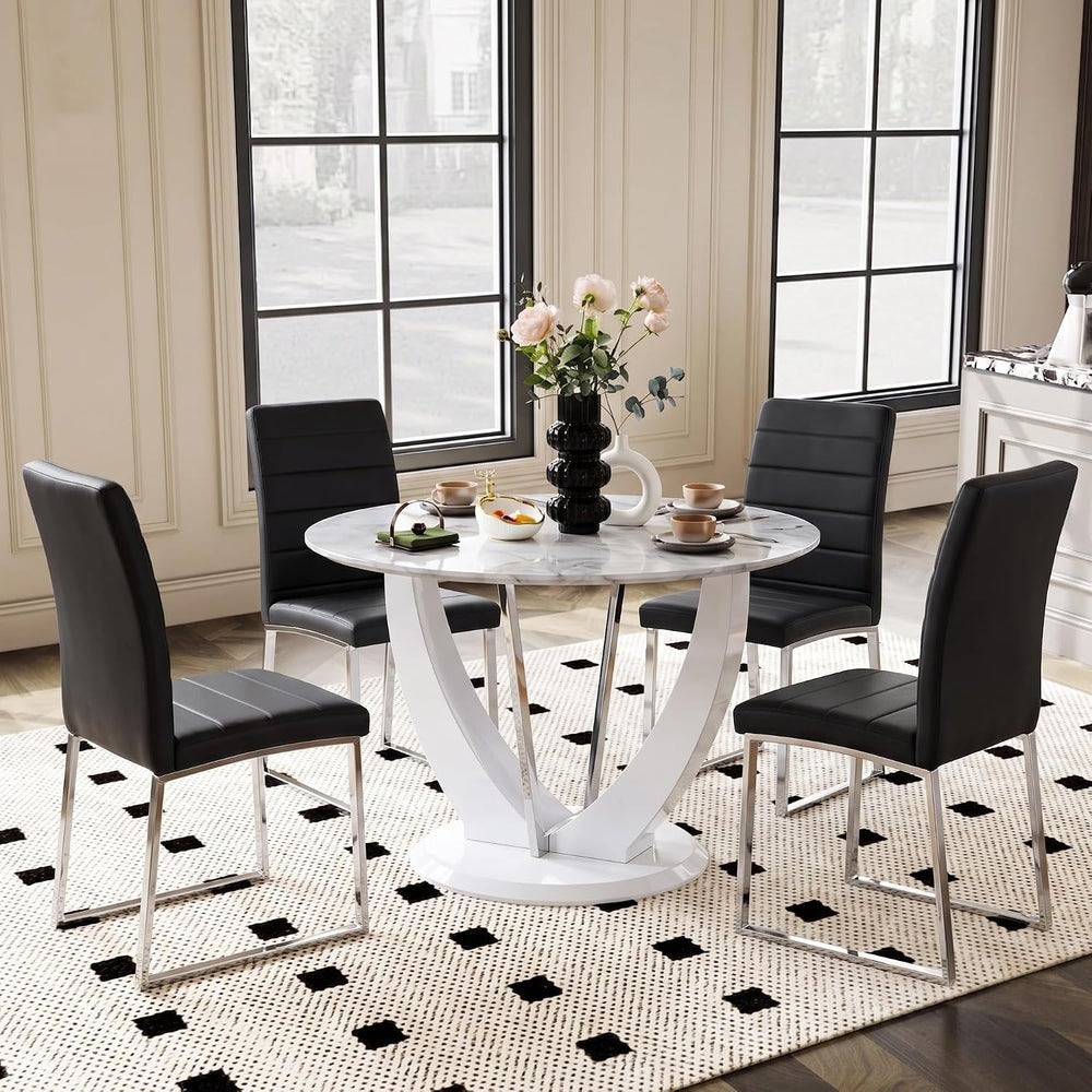 Modern 5 Piece Round Dining Table Set for 4, 47.2" White Faux Marble Kit...
