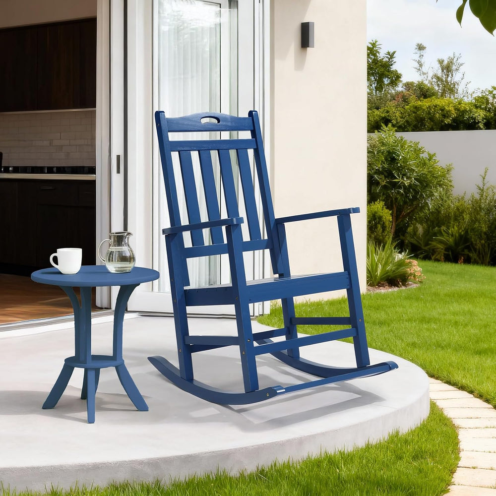 VINGLI Outdoor Rocking Chair with Footrest, Wooden Rocking Chair, Blue
