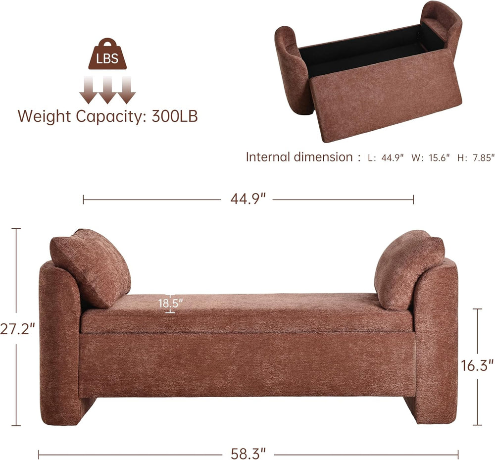 Usaint 58.3" Upholstered Storage Ottoman Bench with 2 Pillows, Rusty Red
