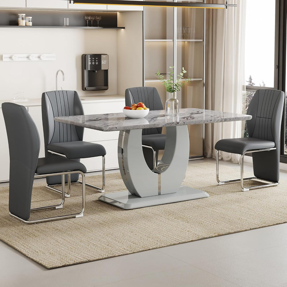 JUFU Modern Dining Set Table and 4 Chairs,Grey Faux Marble Dining Table Set f...
