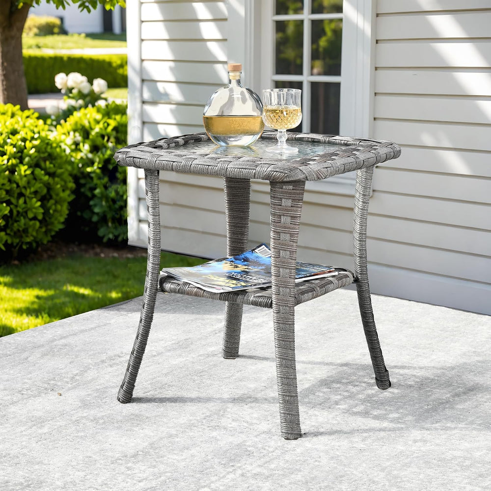 ovios Outdoor Side Table with Tempered Glass Top, Patio Wicker Rattan 2-Tier ...