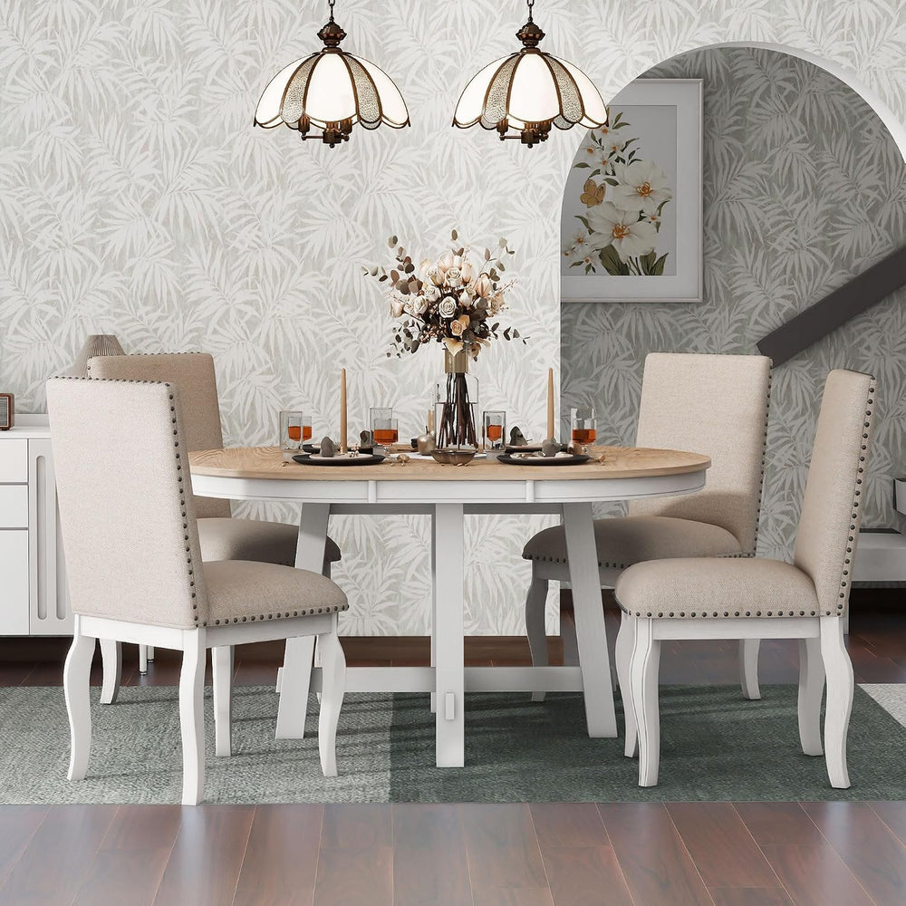 Merax Farmhouse Dining Table Set - 5-Piece Wood Round Extendable Table and 4 ...