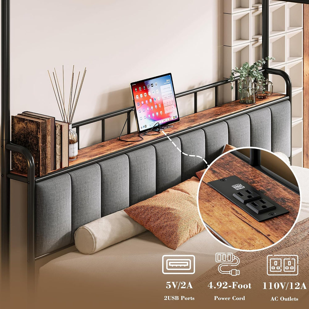 LIKIMIO King Canopy Bed Frame, Storage Headboard with Charging Station