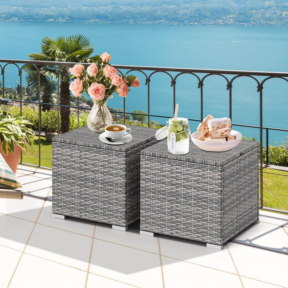 Tangkula 2 Pieces Patio Ottomans, Patiojoy Hand-Woven PE Rattan Side Table wi...