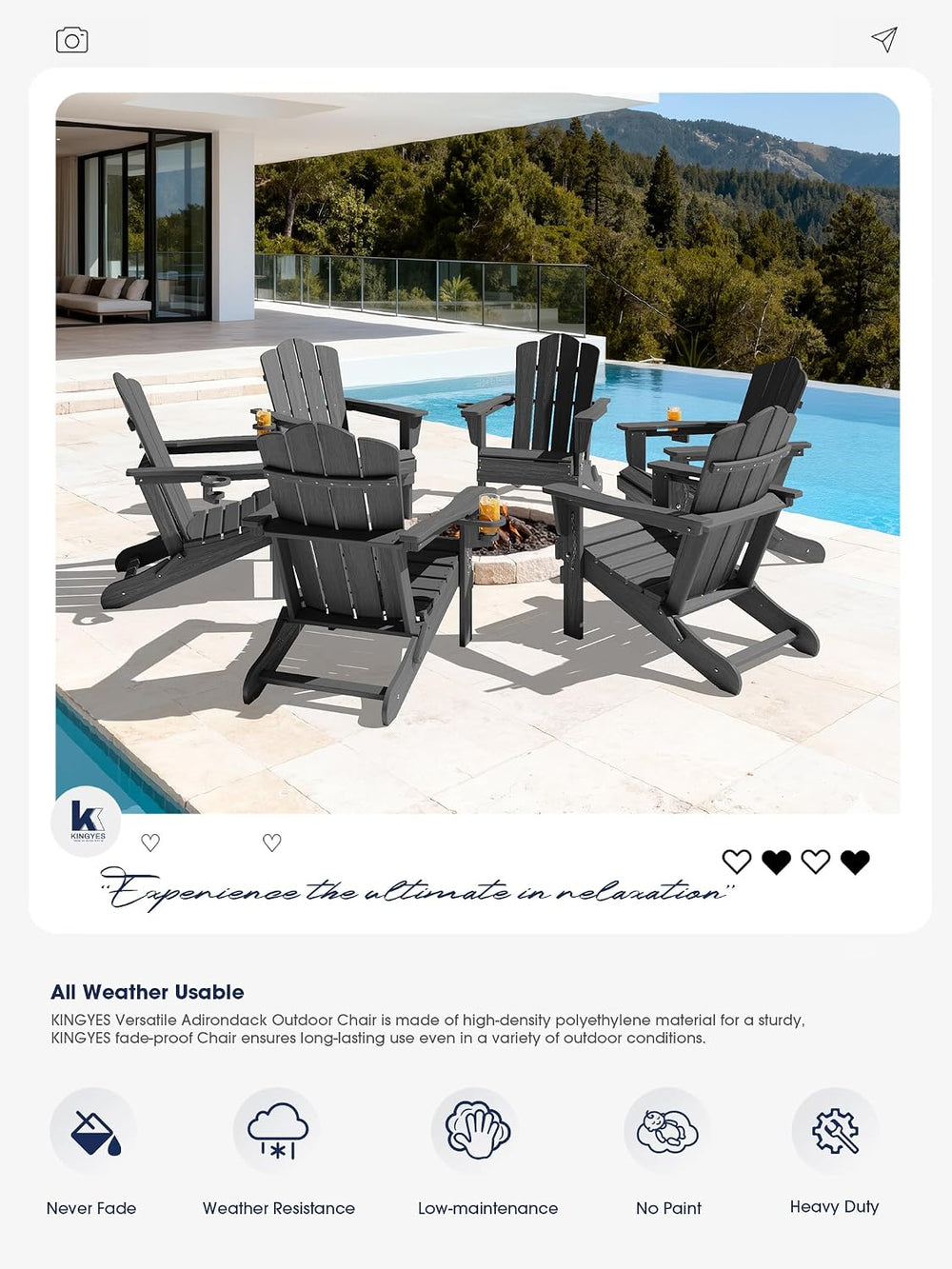 KINGYES Folding Adirondack Chair Set of 6 with Cup Holder, Grey
