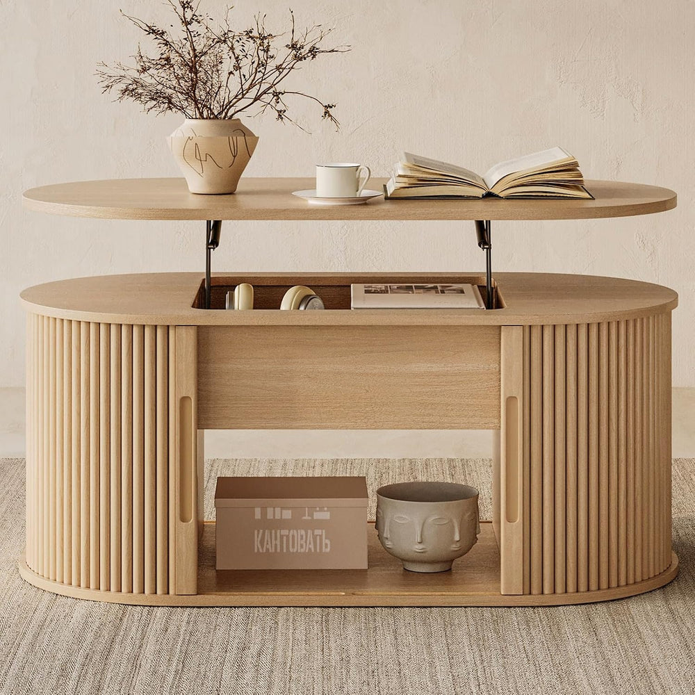 LINSY Lift Top Coffee Table, Oval Fluted Coffee Table with Storage, Boho Wood...