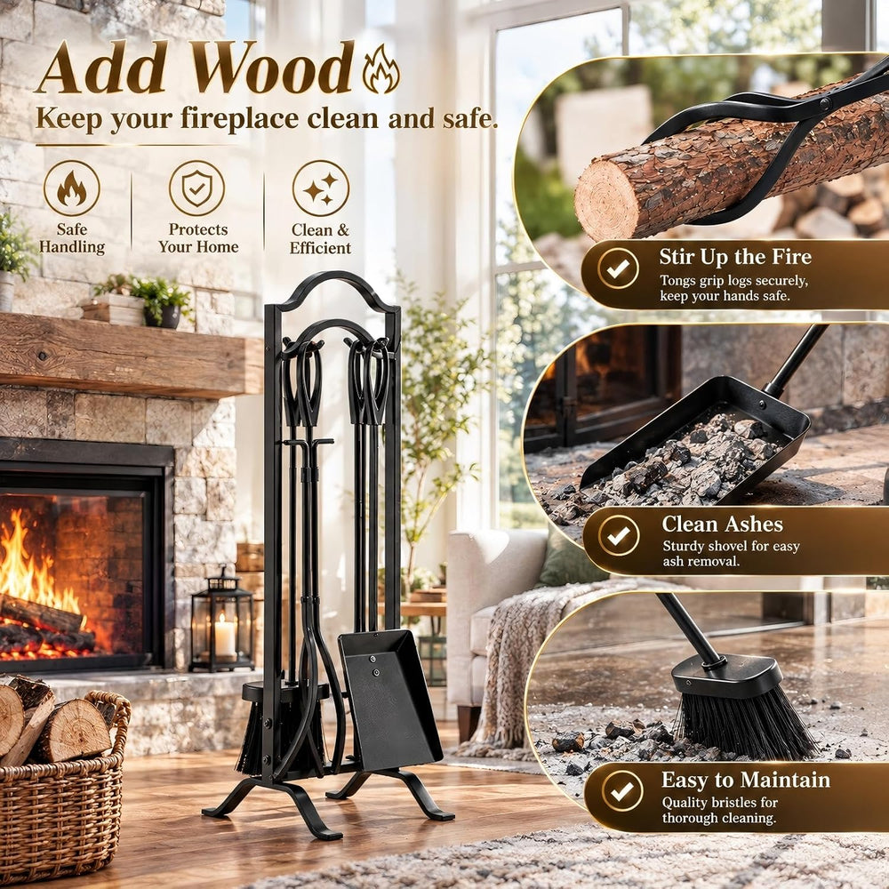 FEED GARDEN Fireplace Tools Set 5 Pcs with Stand, 29” Durable Wrought Iron