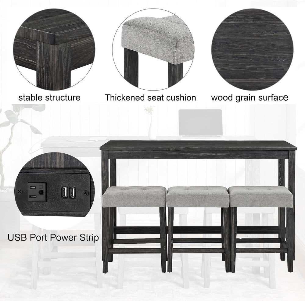 LKTART 4 Piece Bar Table Set Dining Bar Table and Chairs Set with Power Outle...