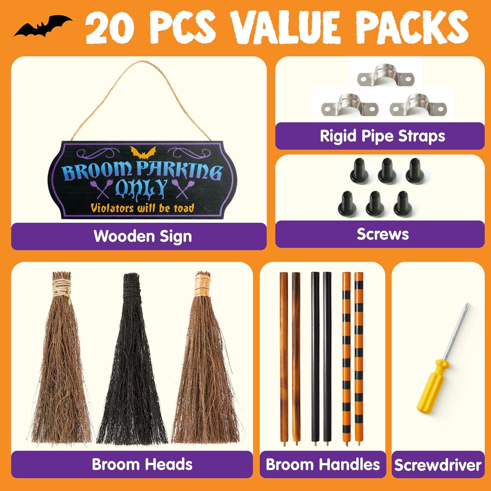 JOYIN Halloween Broom Parking Sign with 3pcs Wooden Witches Brooms, Halloween...