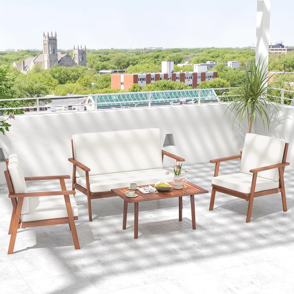 Tangkula 4 Piece Outdoor Conversation Set, Acacia Wood Sofa Set with Soft Sea...