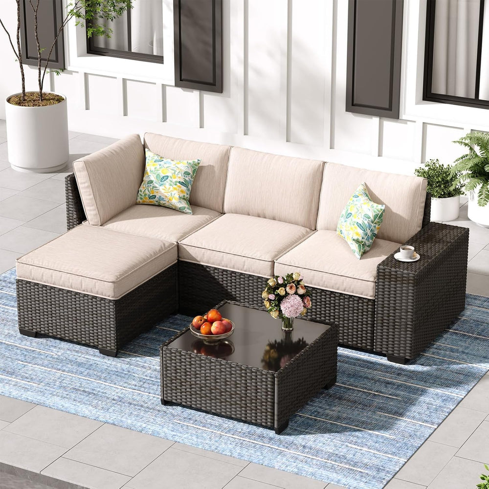 5 Pieces Outdoor Patio Furniture Set, Wicker Conversation Sets with Tea Table...