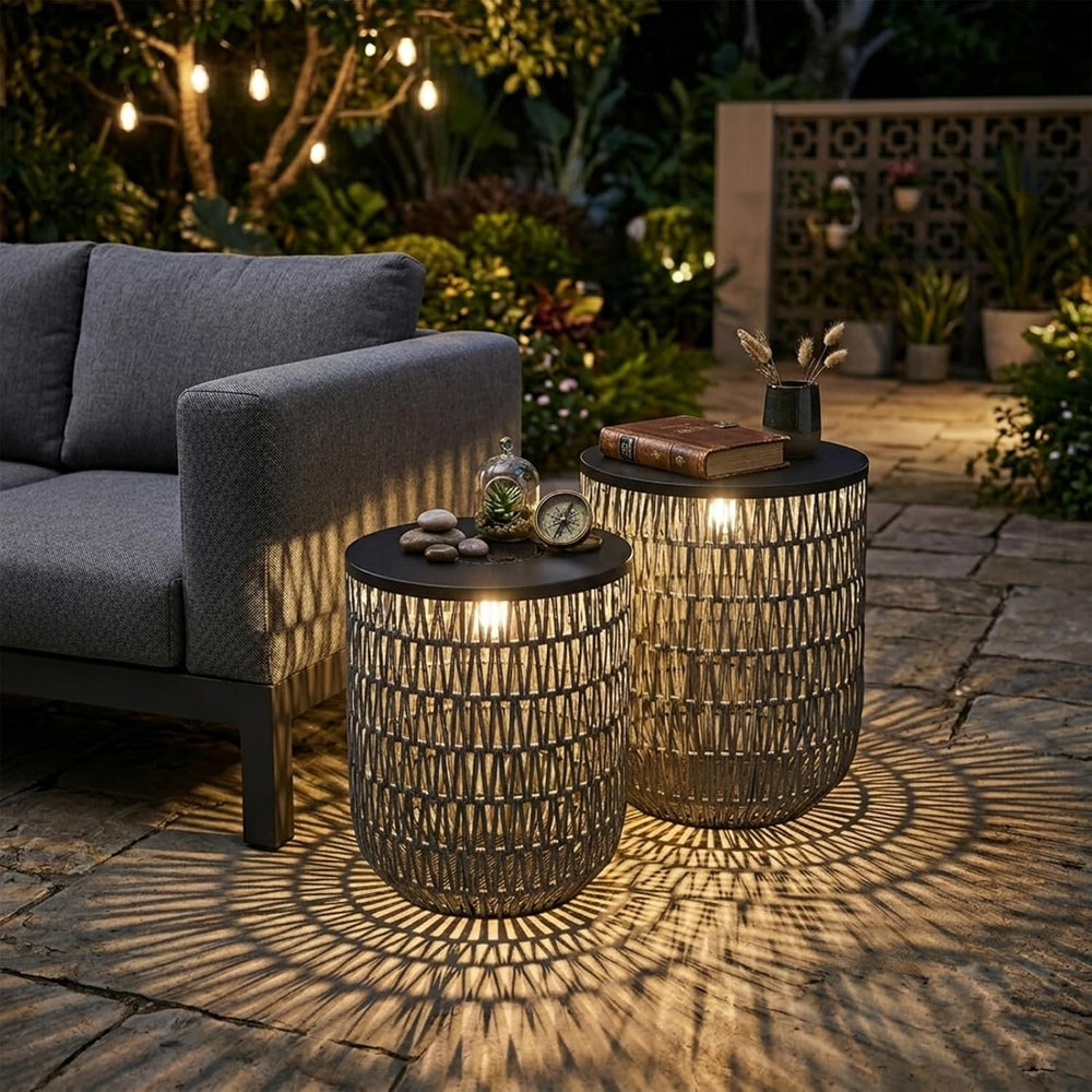 HMVPL Solar Patio Side Table Set of 2 with Dimmable Light, Round Outdoor Side...