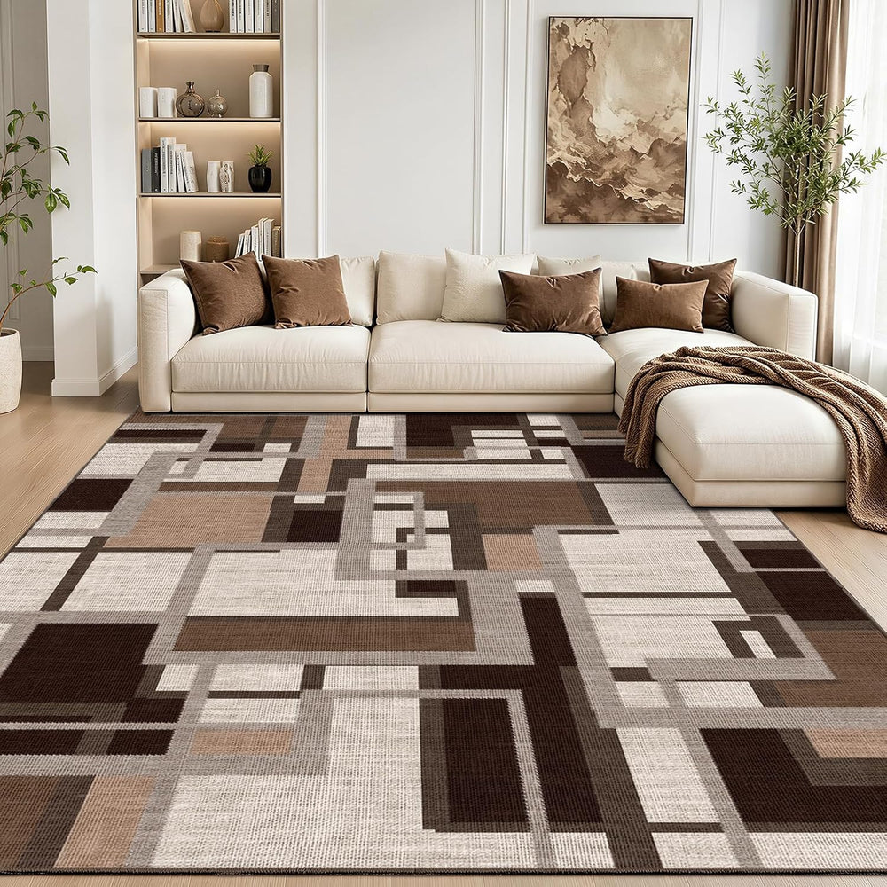 Modern Geometric 8x10 Area Rugs for Living Room, Coffee Brown Washable Rug