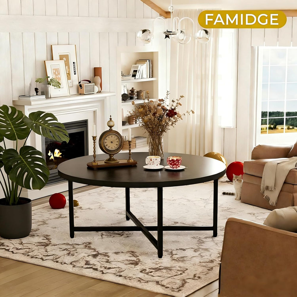 FAMIDGE Coffee Table, 31.5" Round Black Coffee Table for Living Room, Ce...