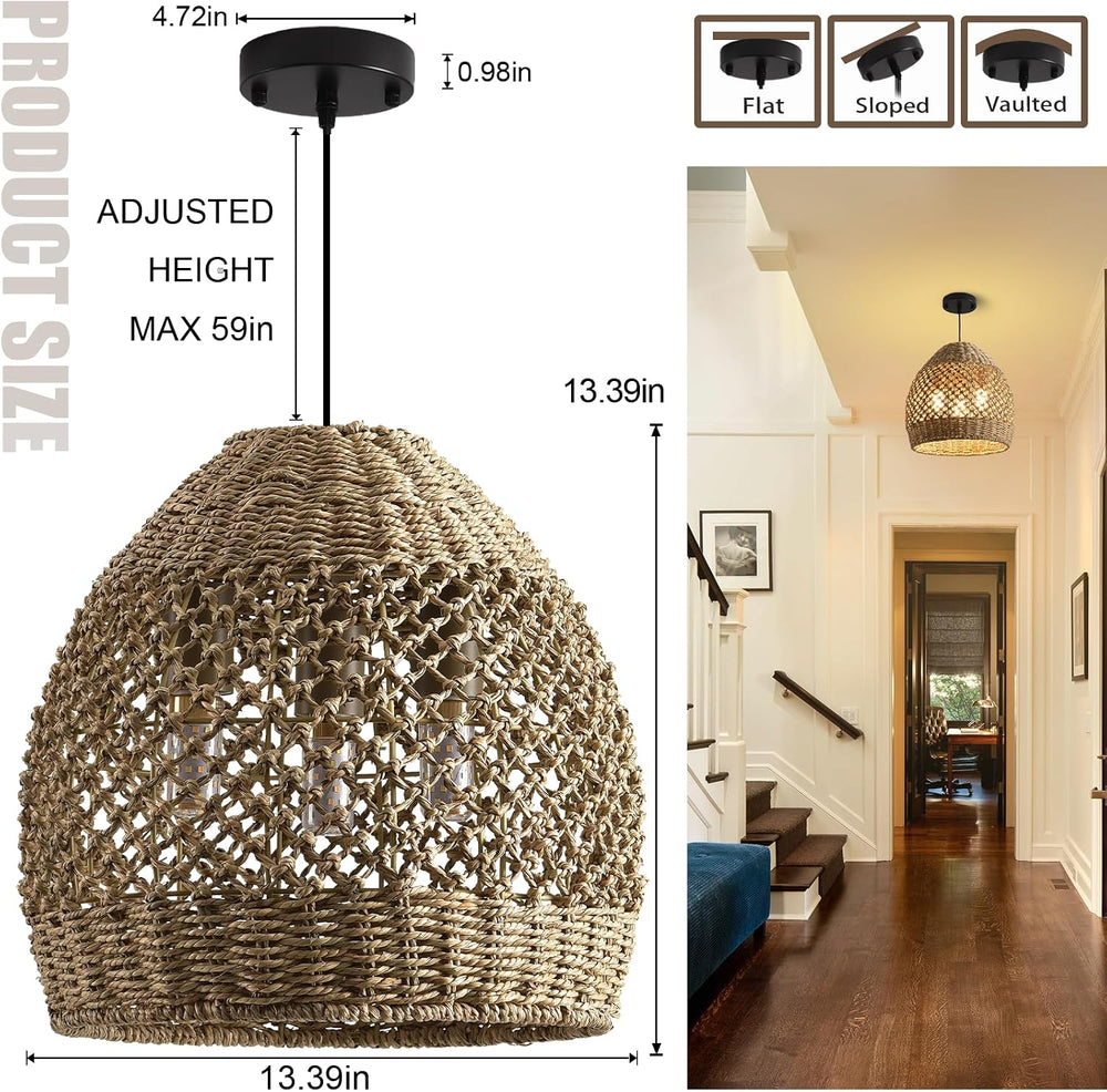Rattan Pendant Light 13.39in Boho Coastal Wicker Hanging Lighting