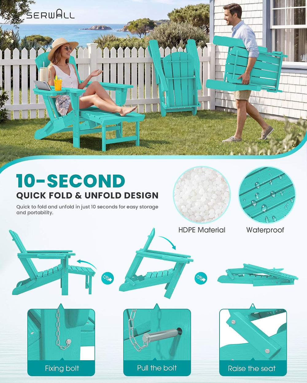 SERWALL Folding Adjustable Adirondack Chairs with Footrest Set of 4, HDPE Out...