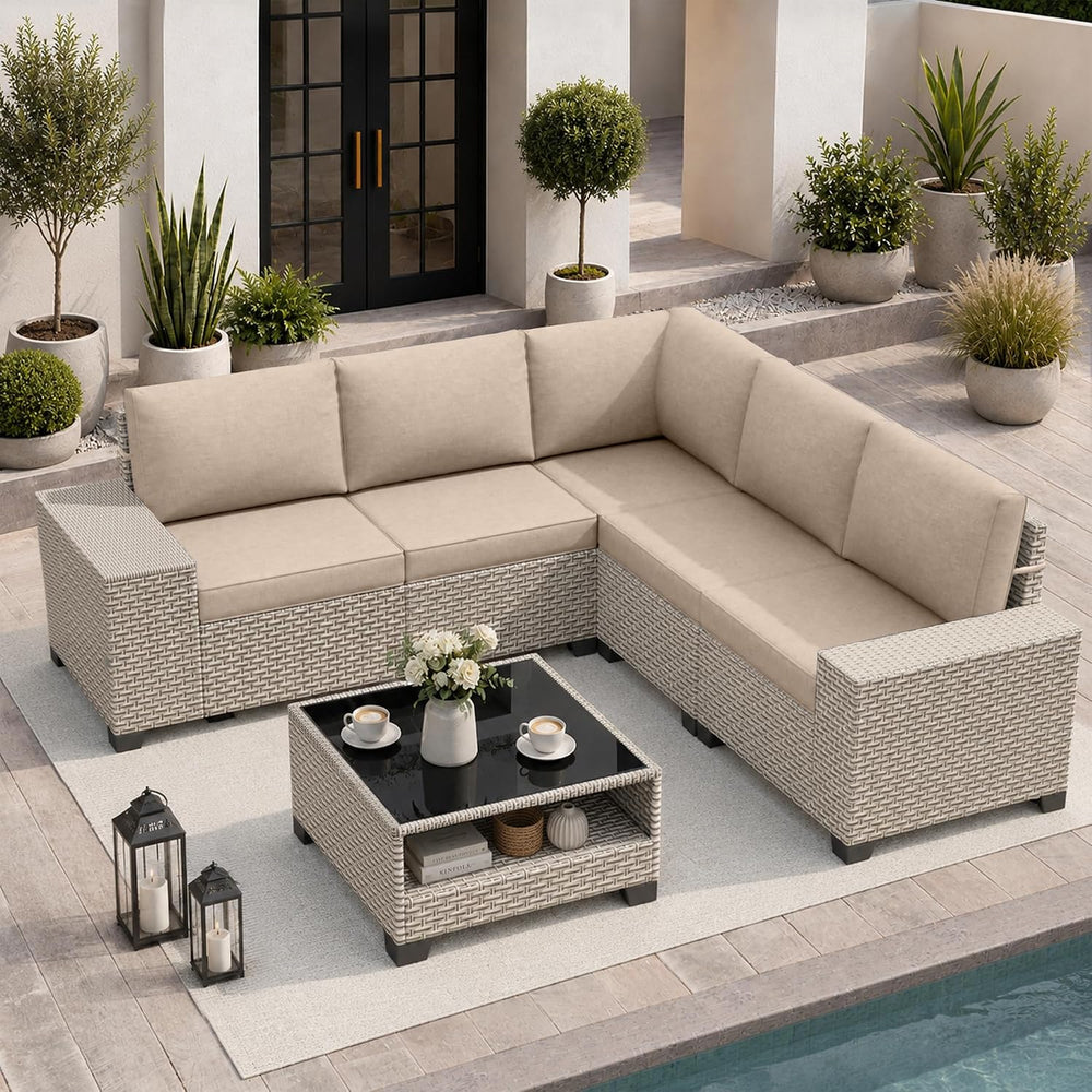 6-Piece Outdoor Patio Furniture Set, Modular Sectional Sofa Set with Glass Co...