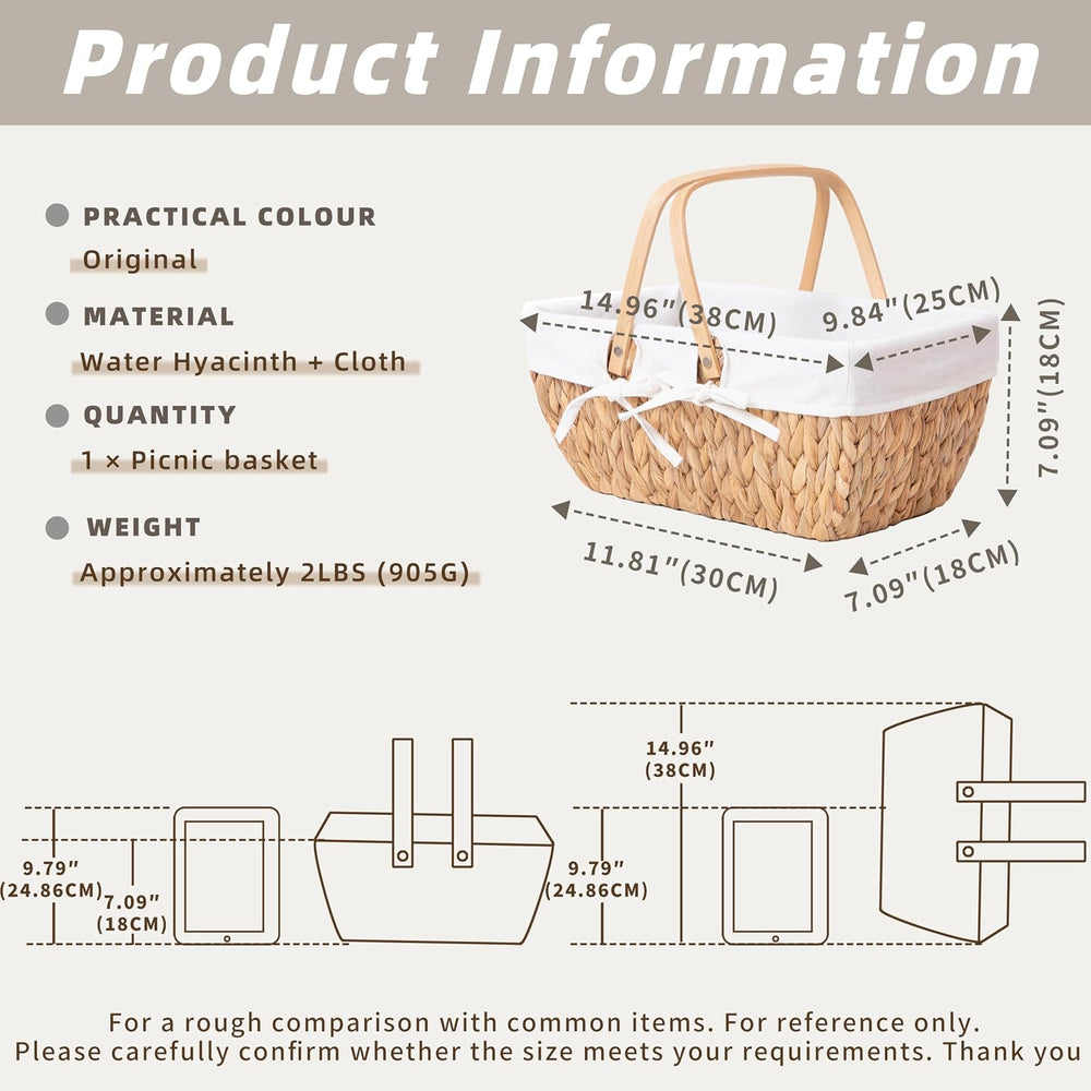 GYASVWU Water Hyacinth Picnic Baskets, Wicker Picnic Basket with Handle, Wick...